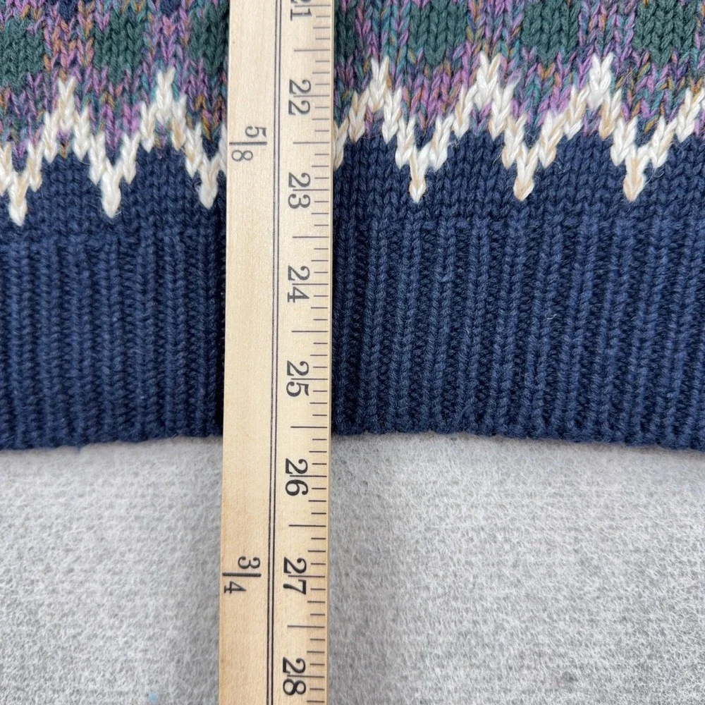 Vintage Grandpa Sweater Men Large Blue Geometric Heavy Knit Crewneck Cotton 90s